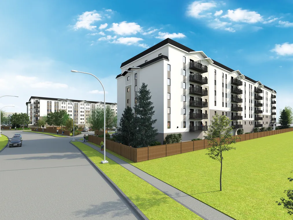Rendering of Kikinaw from across Bridge Lake Drive, lawn and cedar fence in front