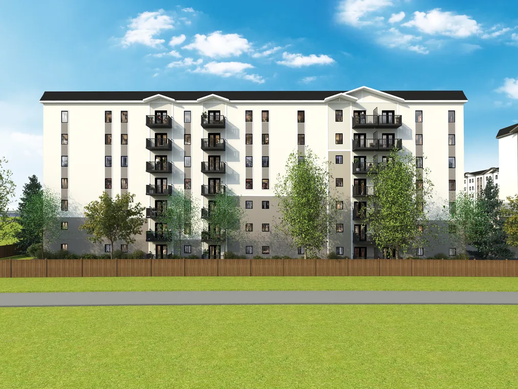 Straight-on rendering of the Kikinaw street elevation with balconies and young trees