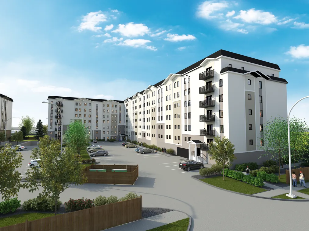 Rendering of the Kikinaw entry court with planters, parking and the corner entrance
