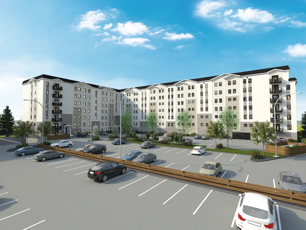 Rendering of Kikinaw across the surface parking, the building running corner to corner
