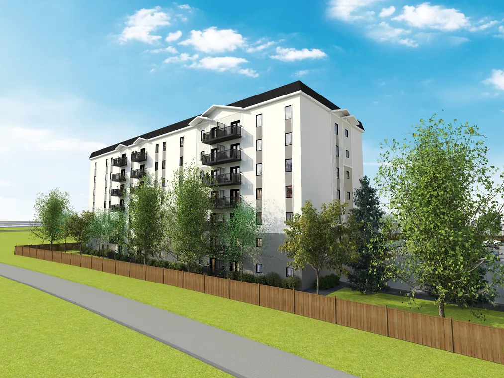 Rendering of the Kikinaw corner seen through young birch trees