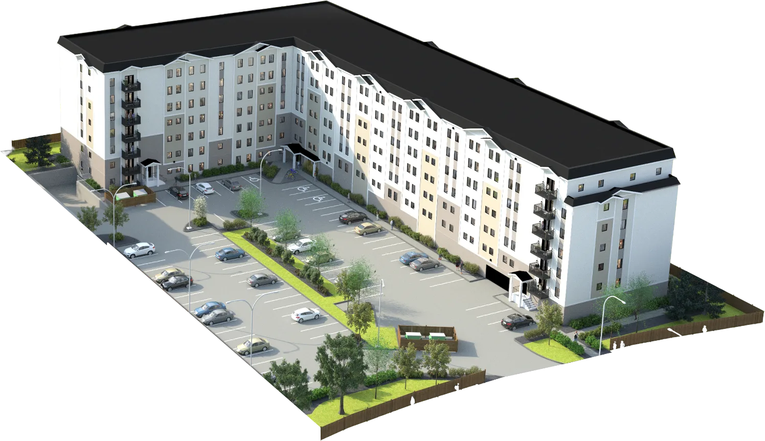 Aerial rendering of the full Kikinaw community: the building, courtyard parking and landscaped edges at 440 Bridge Lake Drive